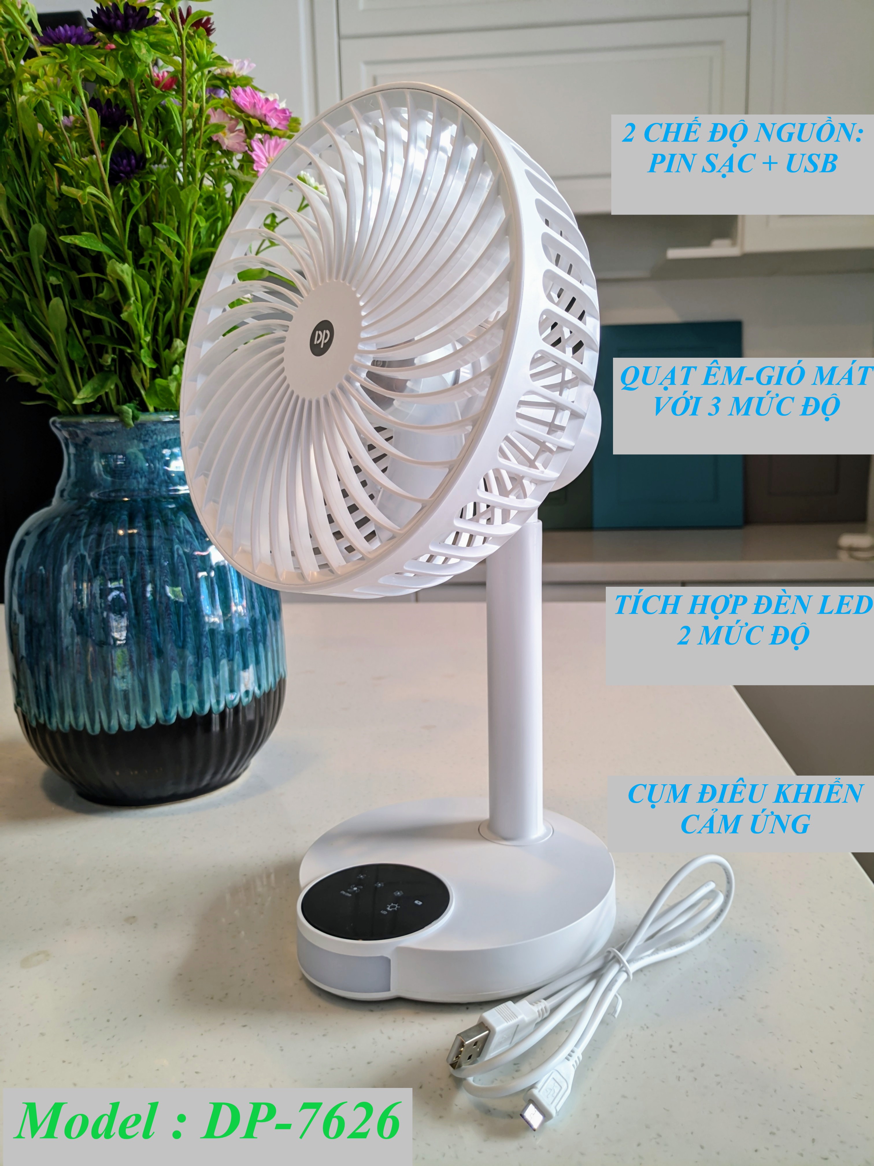 ""quạt sạc tích điện dp 7626 kèm đèn led siêu mát - cảm ứng""