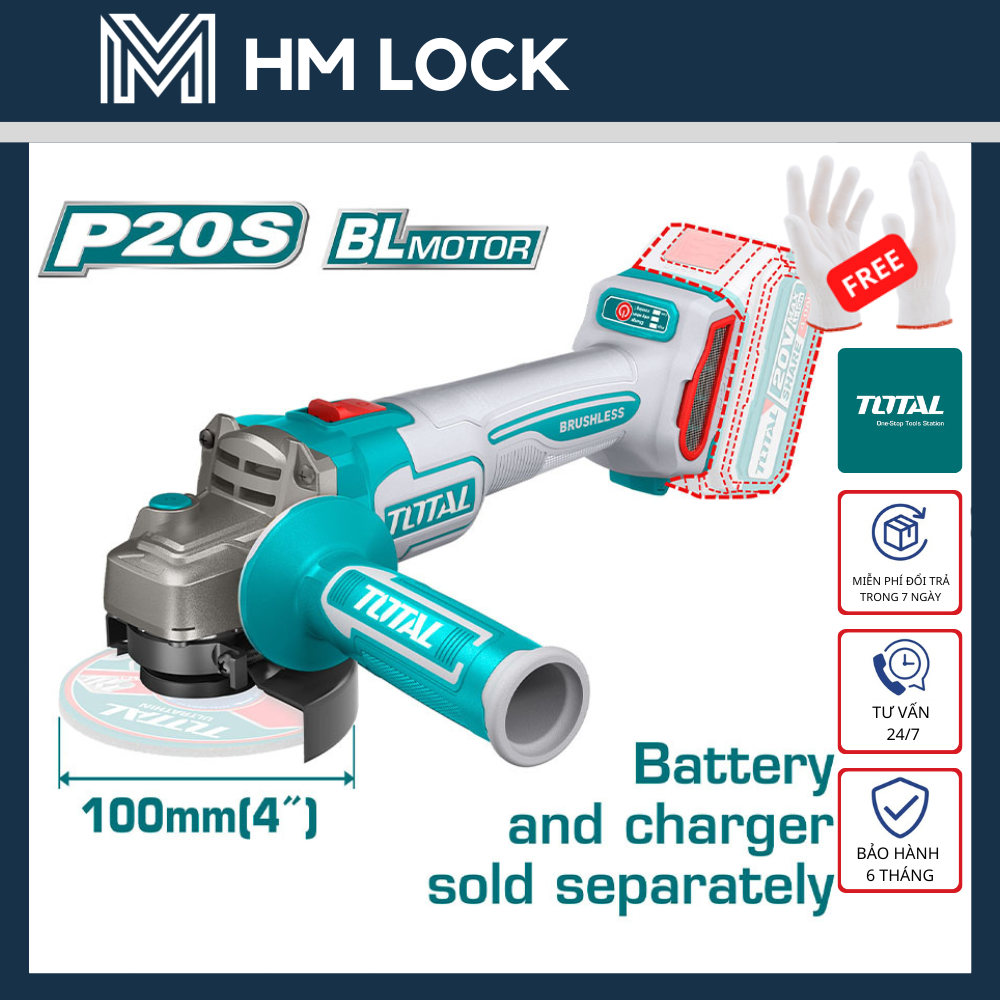 MÁY MÀI GÓC KHÔNG CHỔI THAN DÙNG PIN 20V (KHÔNG KÈM PIN & SẠC) TOTAL - HÀNG CHÍNH HÃNG - TAGLI21104