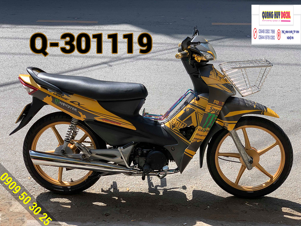 Team dán xe máy wave vàng đen monster - Tem trùm dán xe máy wave alpha 100 vàng đen monster - Độ team trùm dán xe máy wave rẻ đẹp chất