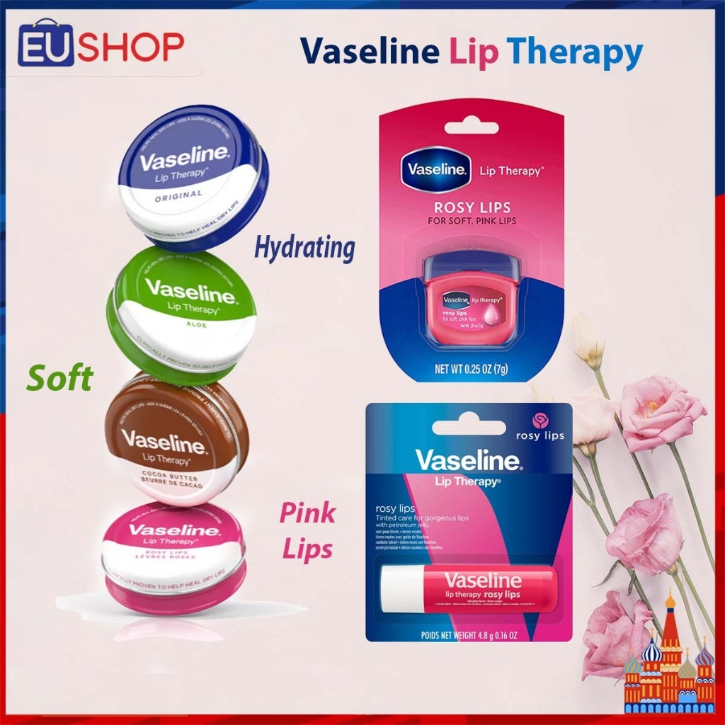 Sáp dưỡng môi Vaseline Rosy Lips For Soft, Pink Lips Hương hoa hồng hũ 7g và thỏi 4.8g