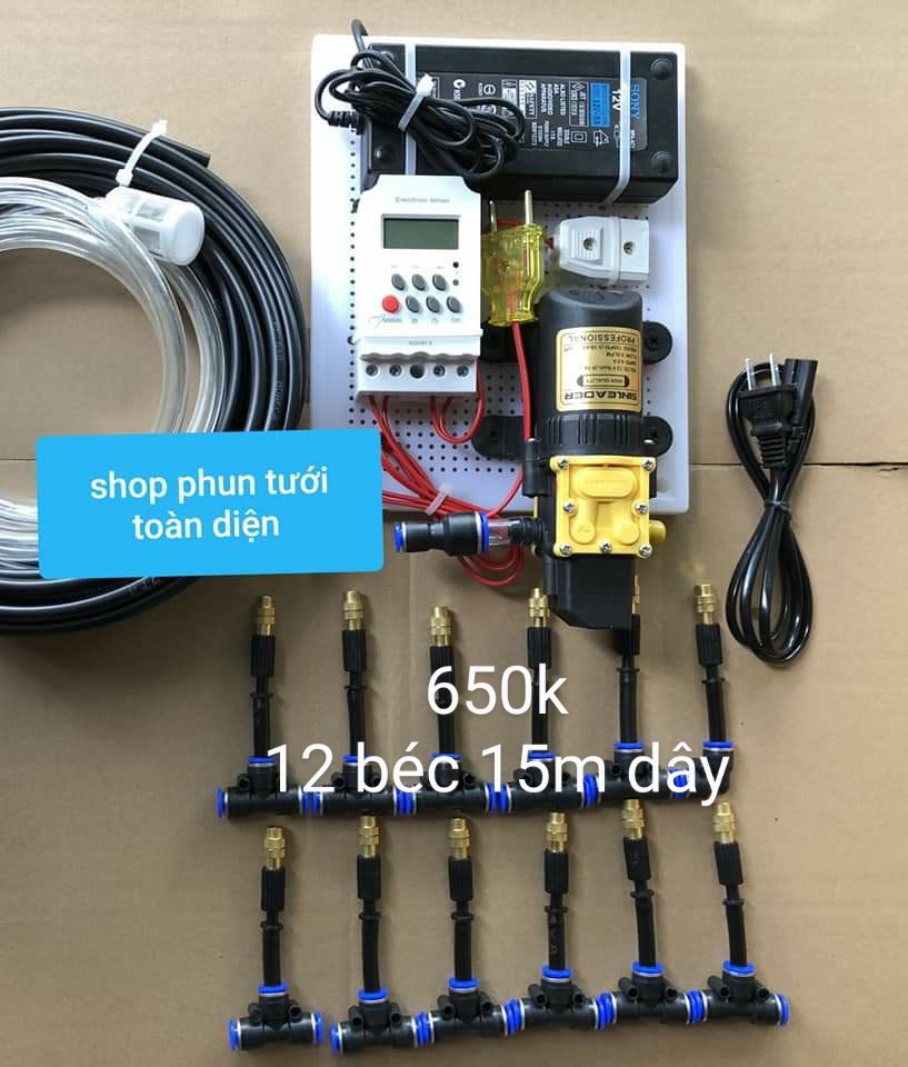 [Đã ráp sẵn] Bộ phun sương tự động 12 15 40 béc đồng (hẹn giờ, smart wifi bằng điện thoại) bơm đơn Sinleader, USA, Việt Nhật  tưới cây, tưới lan, làm mát mái nhà, tưới rau cho giàn 10 15 m2