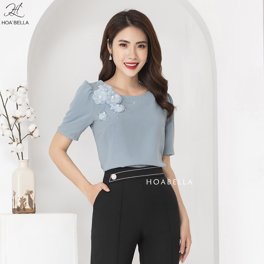 Áo sơ mi nữ hoabella cổ tròn đính hoa cao cấp