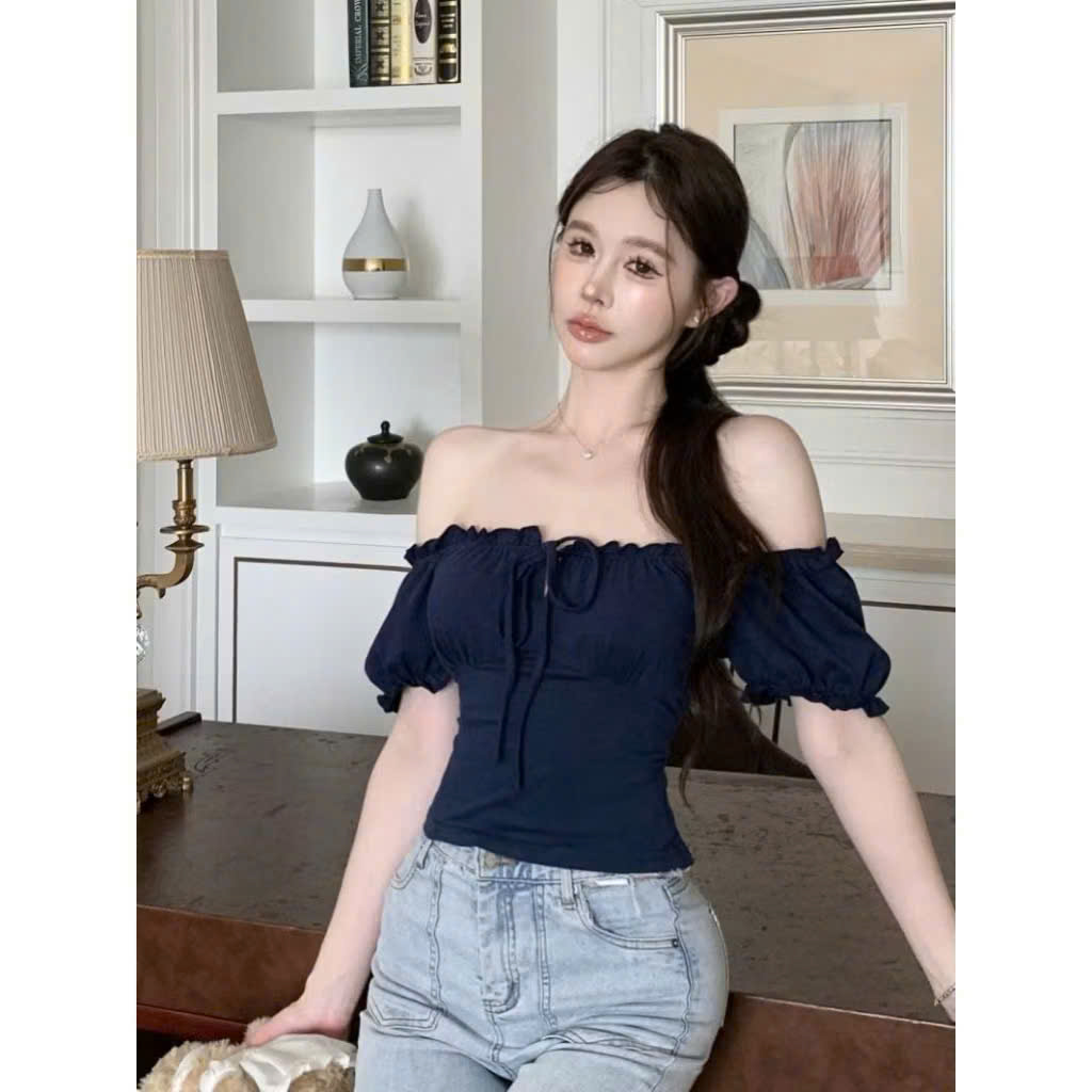 Áo croptop trễ vai tiểu thư nơ cổ ôm body mặc được 2 kiểu