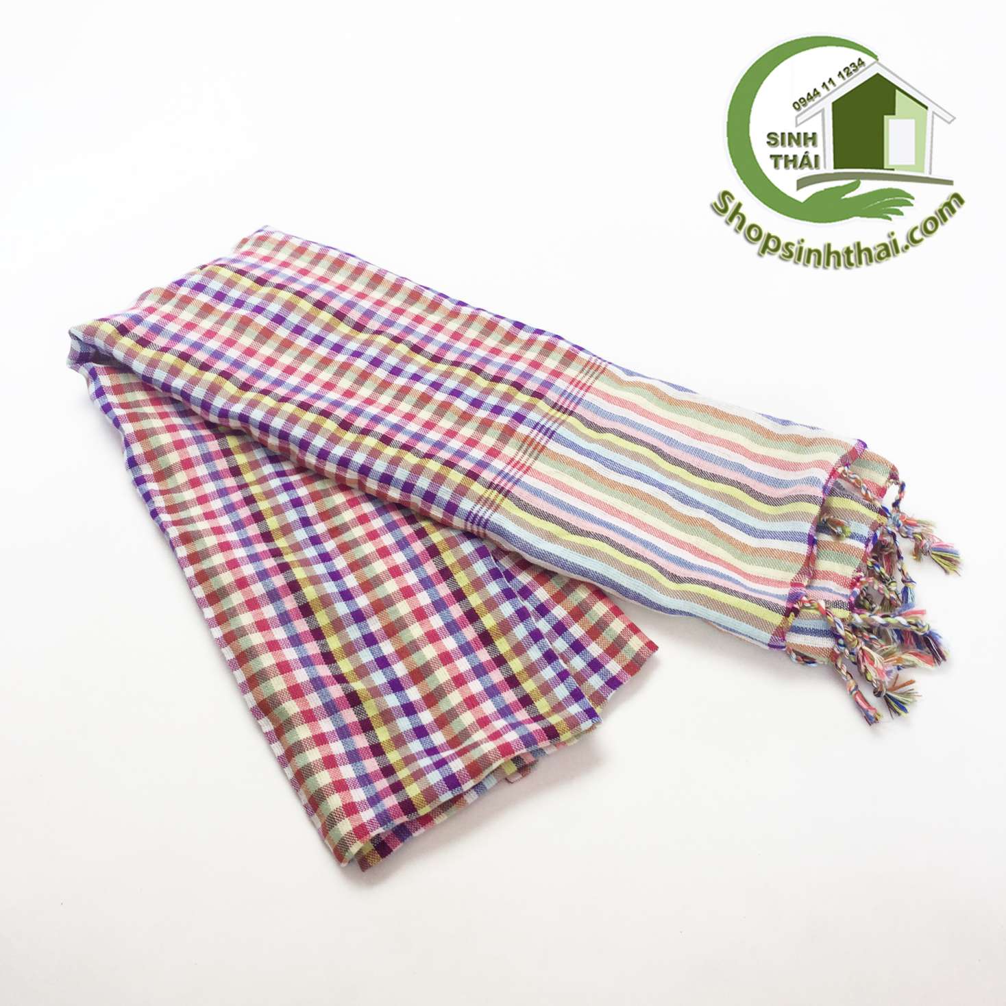 Khăn rằn ri Thái Lan, có tua rua - sọc caro màu hồng 60cm x 170cm