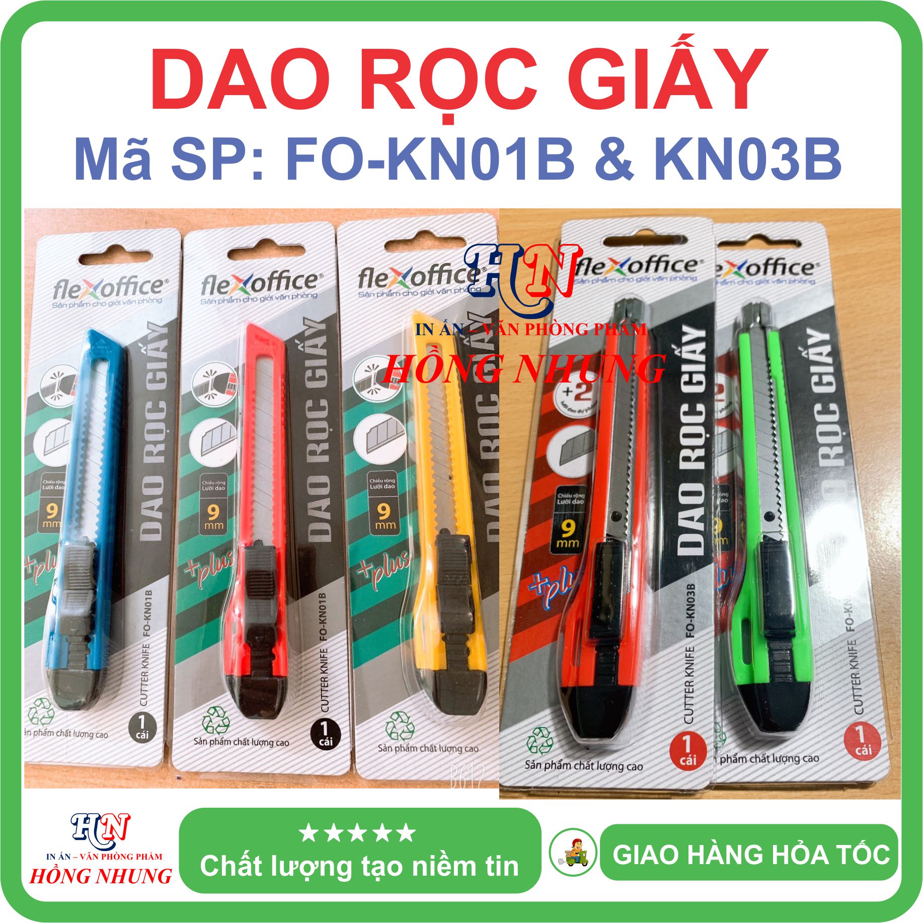 Dao rọc giấy flexoffice fo-kn03b / kn01b, chiều rộng lưỡi dao 9mm - thiết kế nhỏ gọn, thuận tiện, an toàn