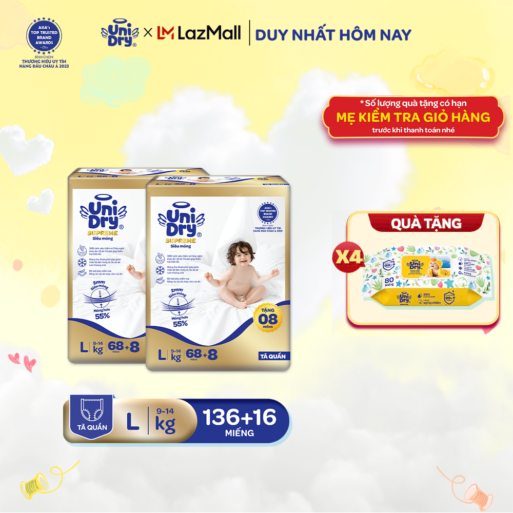 [Siêu mỏng 2mm] Combo 2 tã quần UniDry Supreme size M76/L68/XL60/XXL54 + 8 miếng