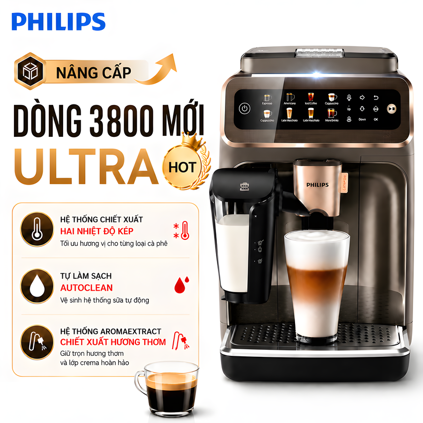 Máy pha cà phê tự động Philips Series 3800 Ultra EP3888 pha 6 loại đồ uống nóng lạnh chính hãng nhập khẩu
