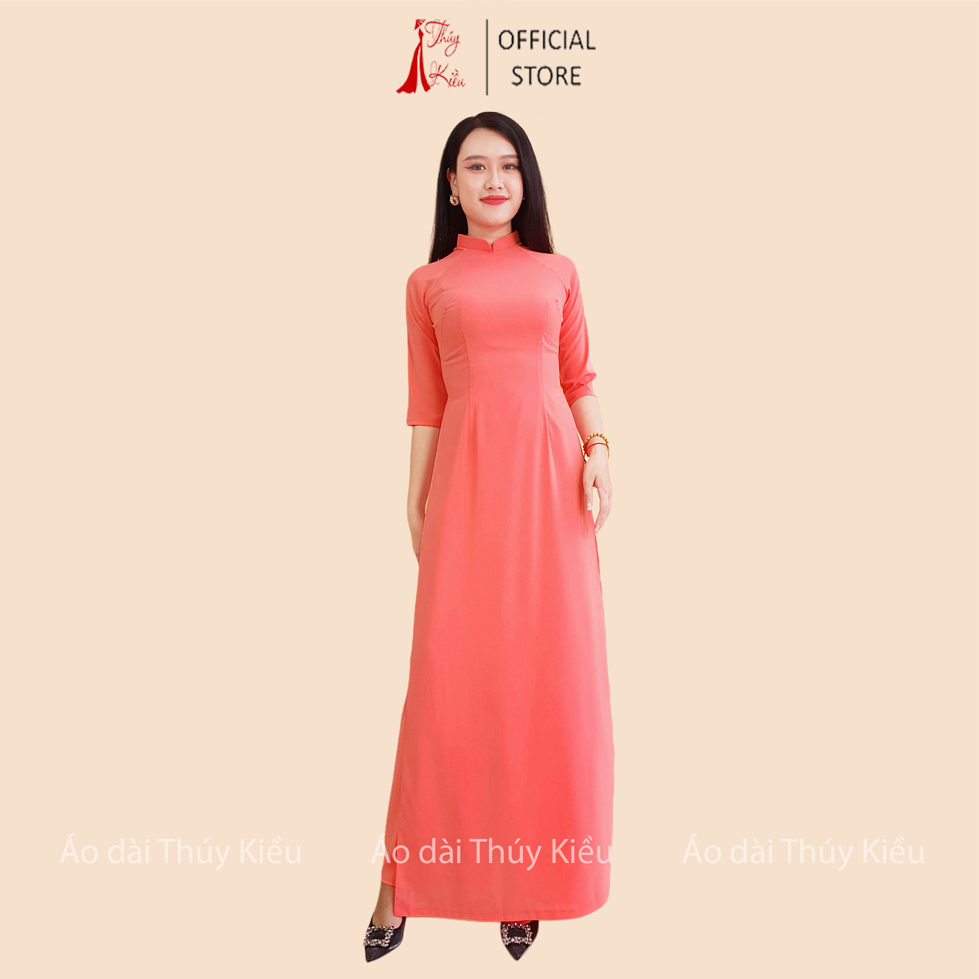 Áo dài trơn lụa Nhật cổ 2 CM màu hồng đào cam AK20 ❤️FREESHIP❤️ mềm mại, co giãn, thấm hút mồ hôi, áo dài truyền thống, áo dài giá rẻ