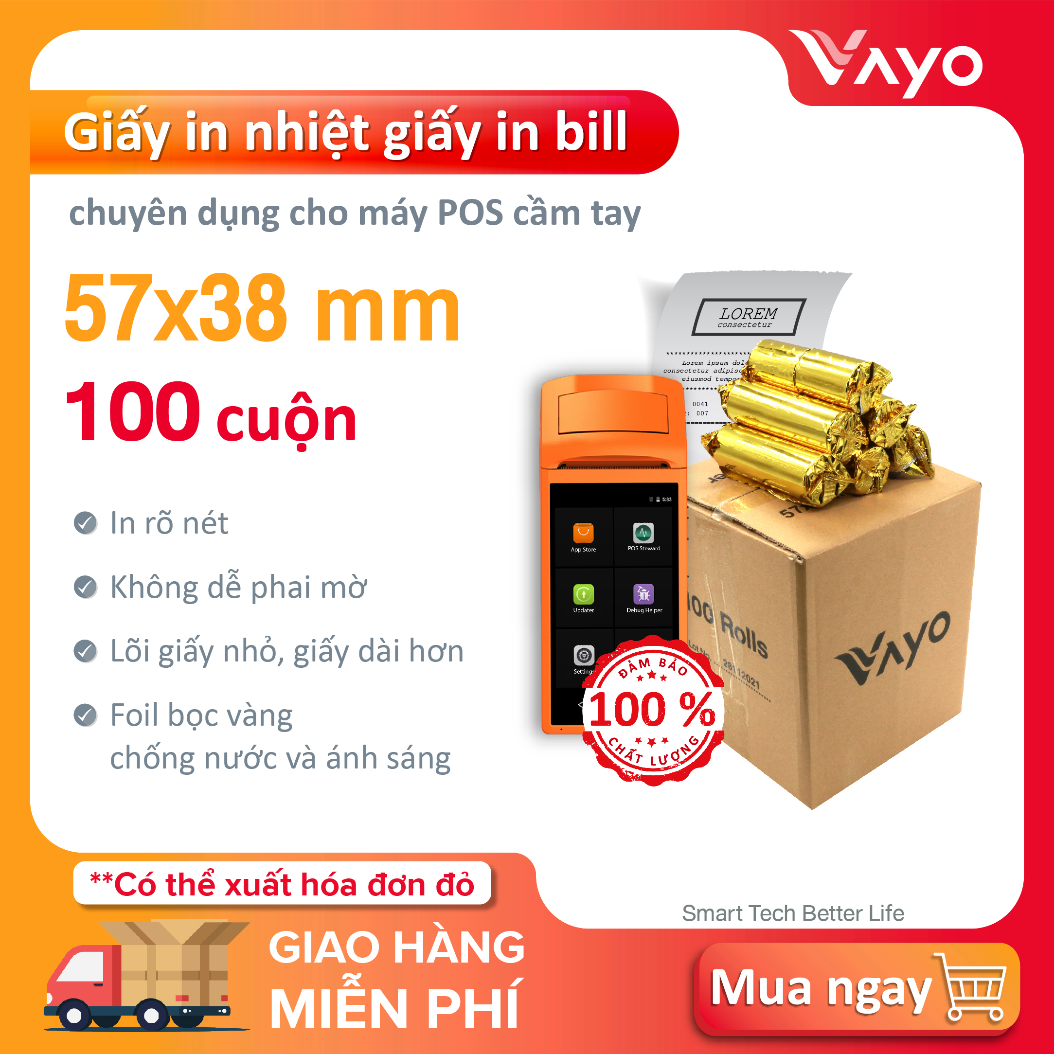 Giấy in nhiệt k57, giấy in bill vayo kích thước 57mm x 38mm 65gsm