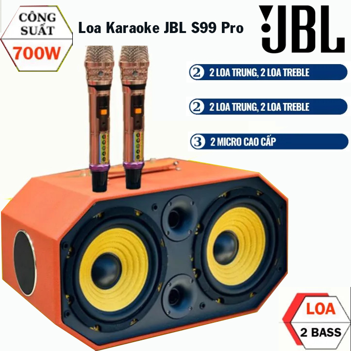 ( HÀNG NHẬP MỸ ) Loa Kéo Karaoke JBL S99 Pro, Công Suất Lớn 650W 6 Đường Tiếng, Bass 20cm, 2 Trung, 2 Treble, Có Hiệu Chỉnh Hoàn Hảo Echo, Reverb, Cho Chất Âm Mạnh Mẽ, Trầm Ấm, Hát Karaoke Cực Hay,  Kèm 2 Míc Không Dây Bắt Giọng Tốt