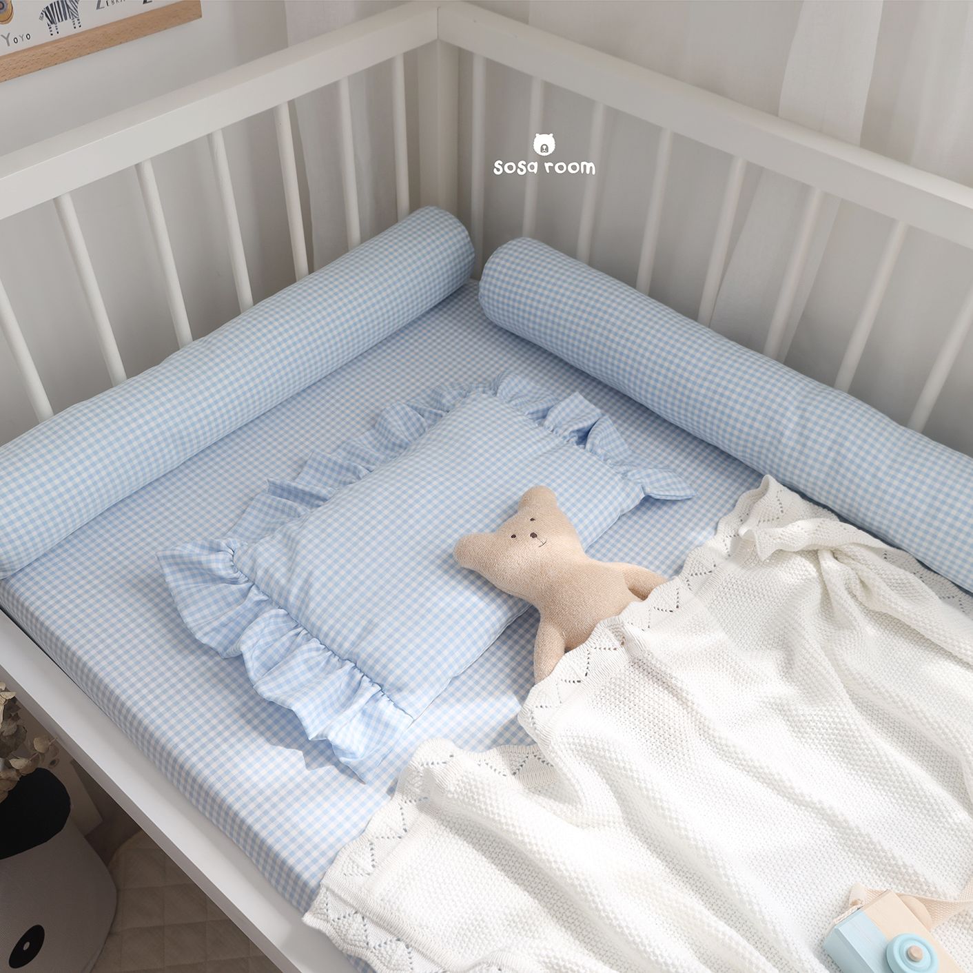 Bộ ga bọc nệm cũi, gối nằm, gối ôm, hoạ tiết kẻ phong cách Hàn quốc