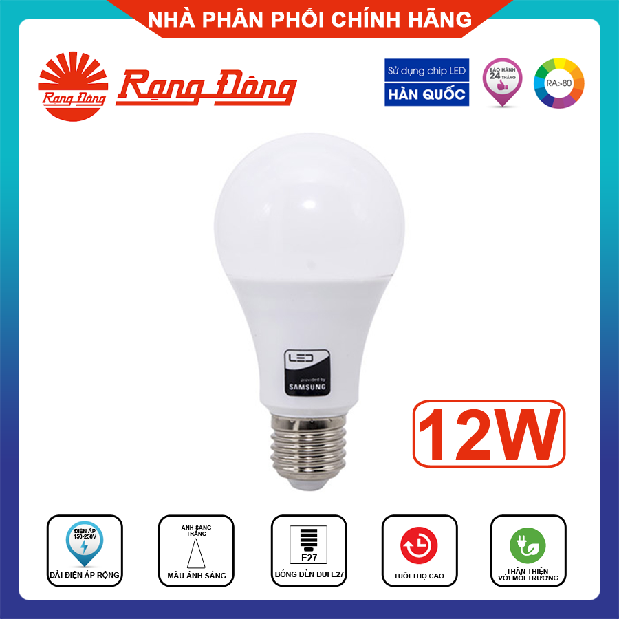 Rạng đông, bh 2 năm, bóng đèn led búp tròn a70n1/12w 6500k, hàng chất lượng
