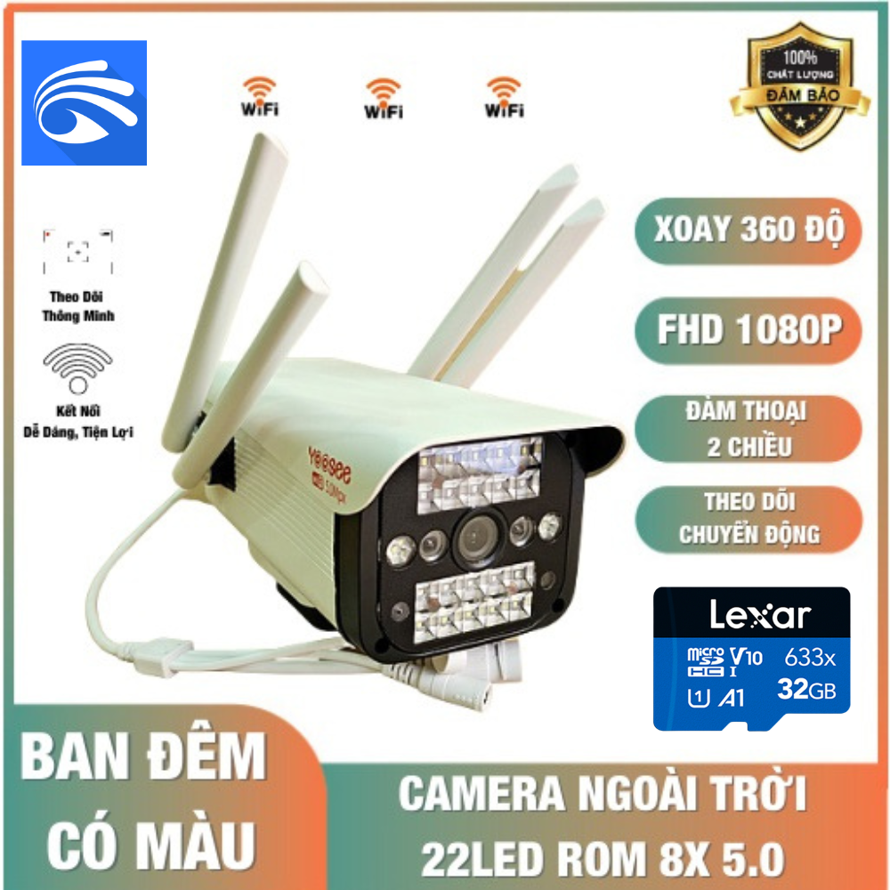 ( Kèm thẻ nhớ 128GB Lexar) Camera Yoosee Wifi Ngoài Trời 4 râu 22LED 5.0 - Chống Nước Xoay 360 Độ - Quay Đêm Có Màu - Room 8x - Bảo hành 24 tháng