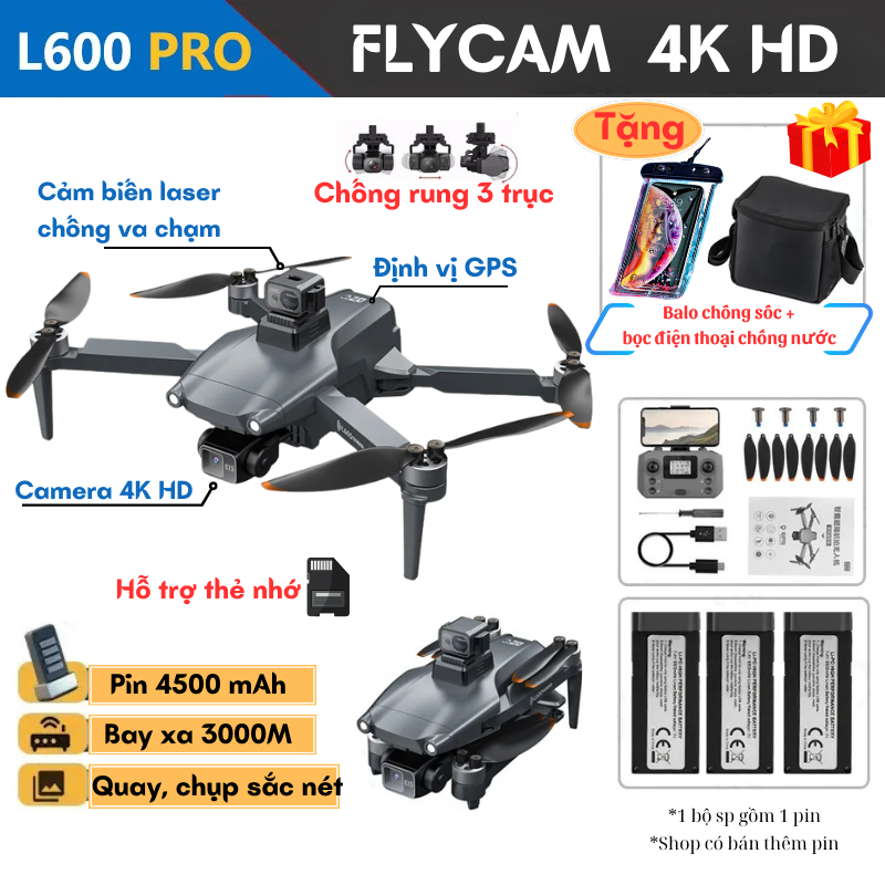 Máy bay flycam Drone Camera 4K HD L600 Pro Max, Fly cam định vị G.P.S, chống rung 3 trục tốt hơn flycam K998, P14, E88, DJI, Xiaomi,...