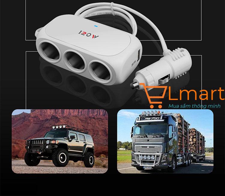 Bộ chia tẩu sạc ô tô input 12-24V/120W kèm 2 cổng ra output USB 5V/1-2,1A sử dụng cho ô tô, xe tải