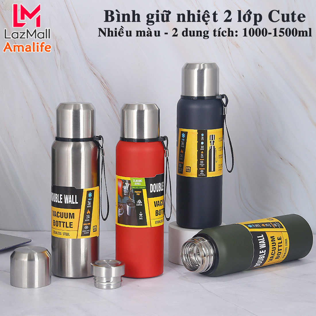 Bình Giữ Nhiệt Nóng, Lạnh Inox, Bình Lưỡng Tính Ly, Cốc Cách Nhiệt Cao Cấp, 1000ml – 1500ml 2 Lớp, Có Tấm Lọc, Lưới Lọc, Phích Giữ Nhiệt Lên Đến 8 - 12 Tiếng, Bình Nước Văn Phòng Có Quai Dây Đeo – Hàng Chính Hãng Amalife