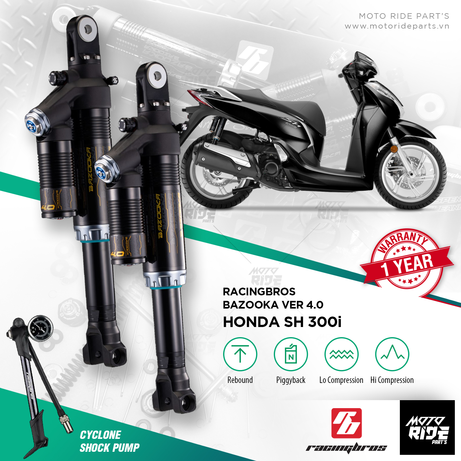 RACINGBROS PHUỘC HƠI BAZOOKA 4.0 HONDA SH300i / SH350i