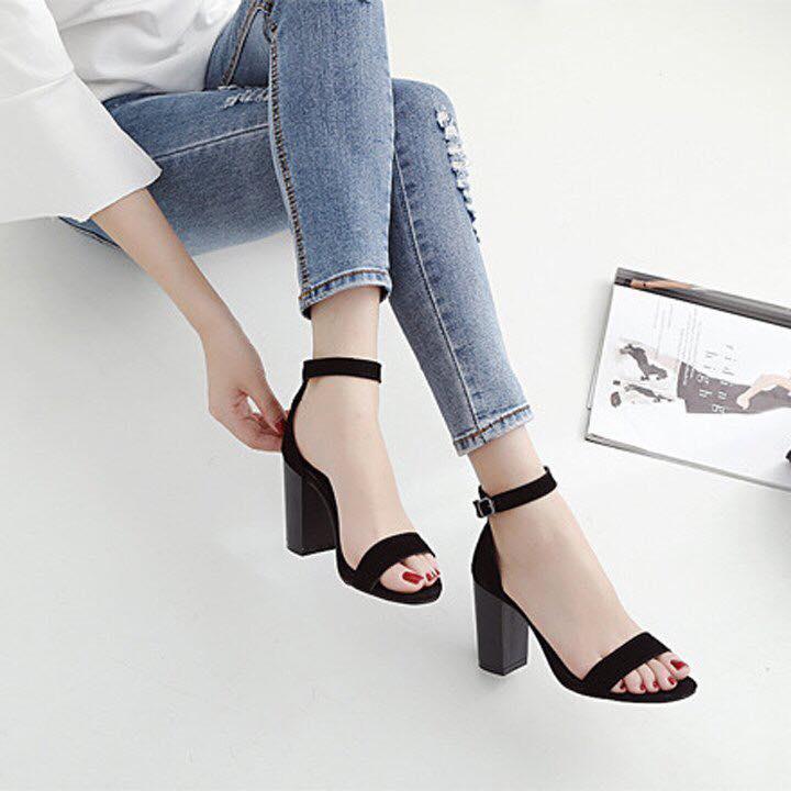 Giày sandal nữ cao gót vuông 7p bản ngang phong cách đơn giản - SD13