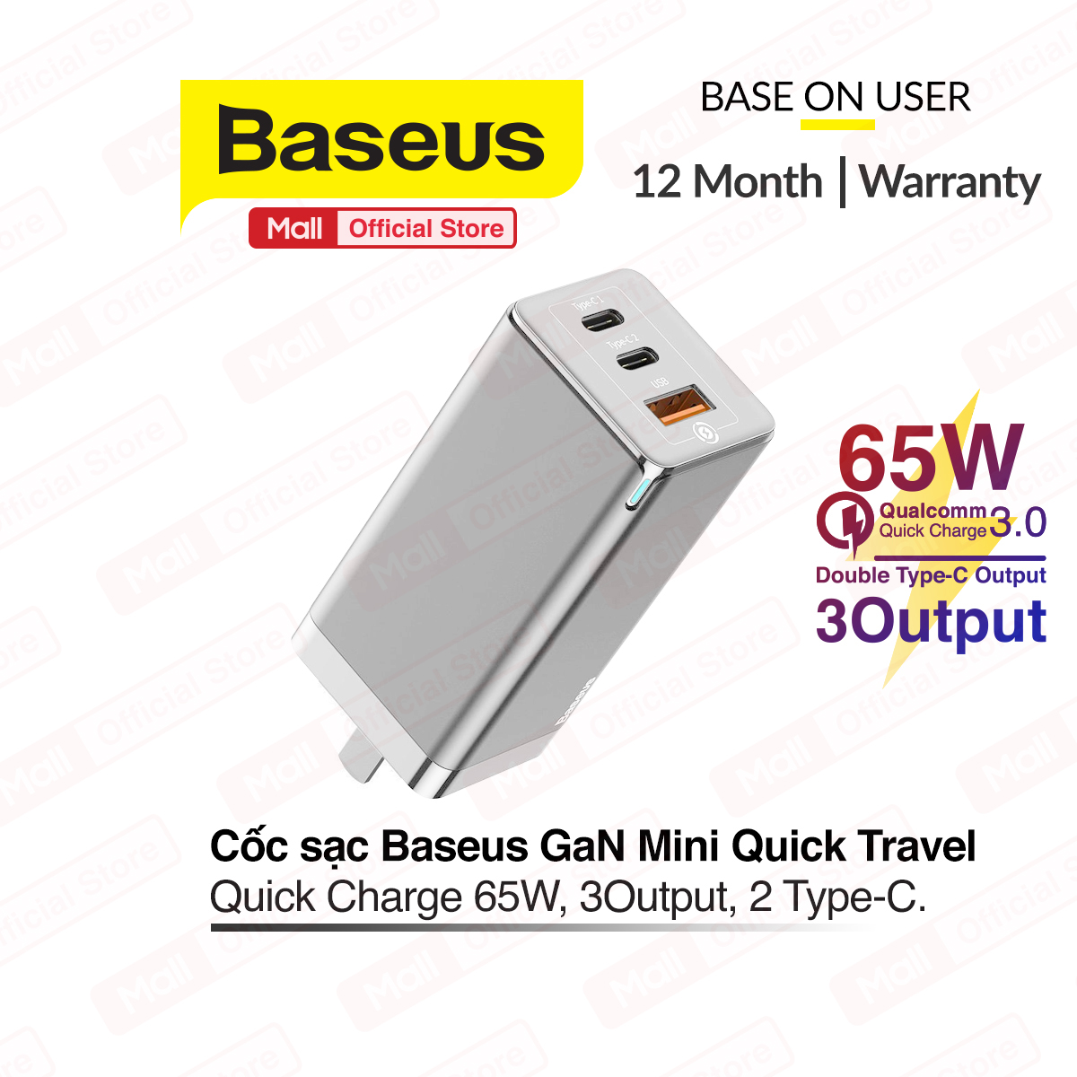 Củ sạc nhanh Baseus GaN Travel Quick Charger 65W cho Smartphone/ Tablet/ iPad/ Macbook/ Laptop