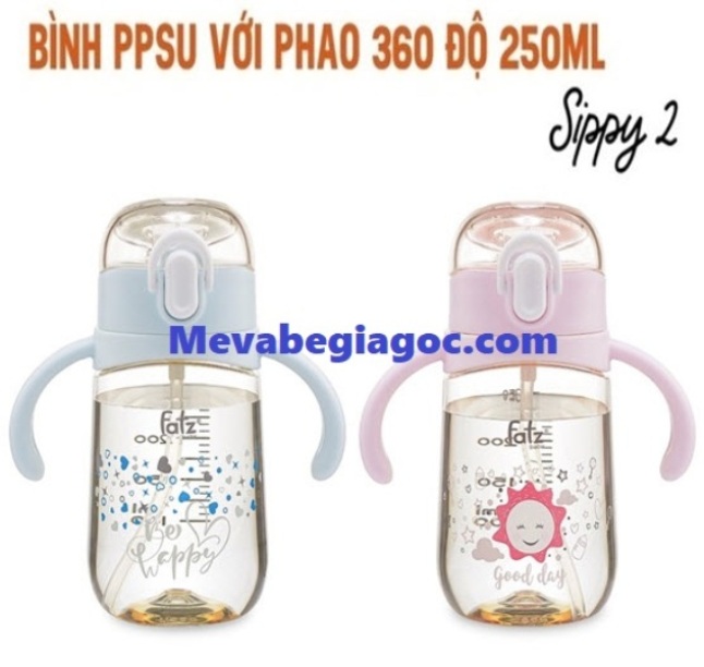 Bình uống nước ppsu bật hút 2 tay cầm với phao 360 độ 250ml fatzbaby fatz sippy 2 - fb0298bt