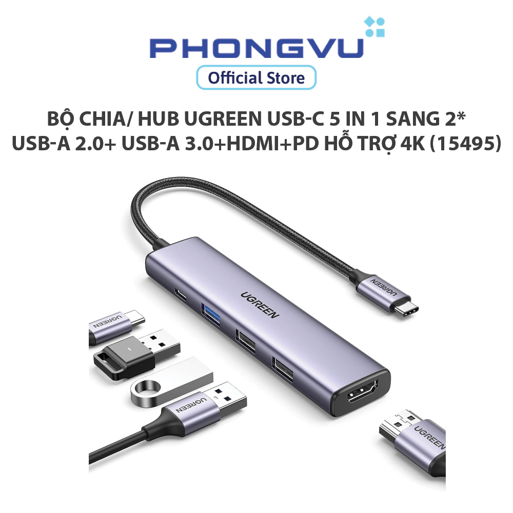  Bộ chia  Hub Ugreen USB-C 5 in 1 sang 2*USB-A 2.0+ USB-A 3.0+HDMI+PD hỗ trợ 4K  15495  - Bảo hành 18 tháng 