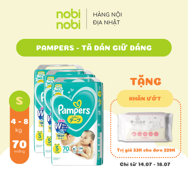 Combo 3 Tã/Bỉm Dán Pampers Giữ Dáng Gói Cực Đại, Size S70/ S86/ M70 (Hàng nội địa Nhật)