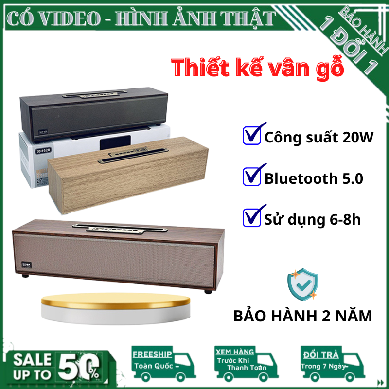 Loa bluetooth bass mạnh XM-520 20W- Loa vỏ gỗ sang trọng, Bass siêu trầm, Bluetooth 5.0, Kết nối bluetooth và AUX - Loa không dây, Loa kết nối bluetooth