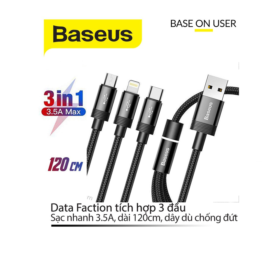Cáp sạc 3.5A Baseus Data Faction 3in1 Type C, Android và Lightning có đèn dành cho Smartphone dài 120CM