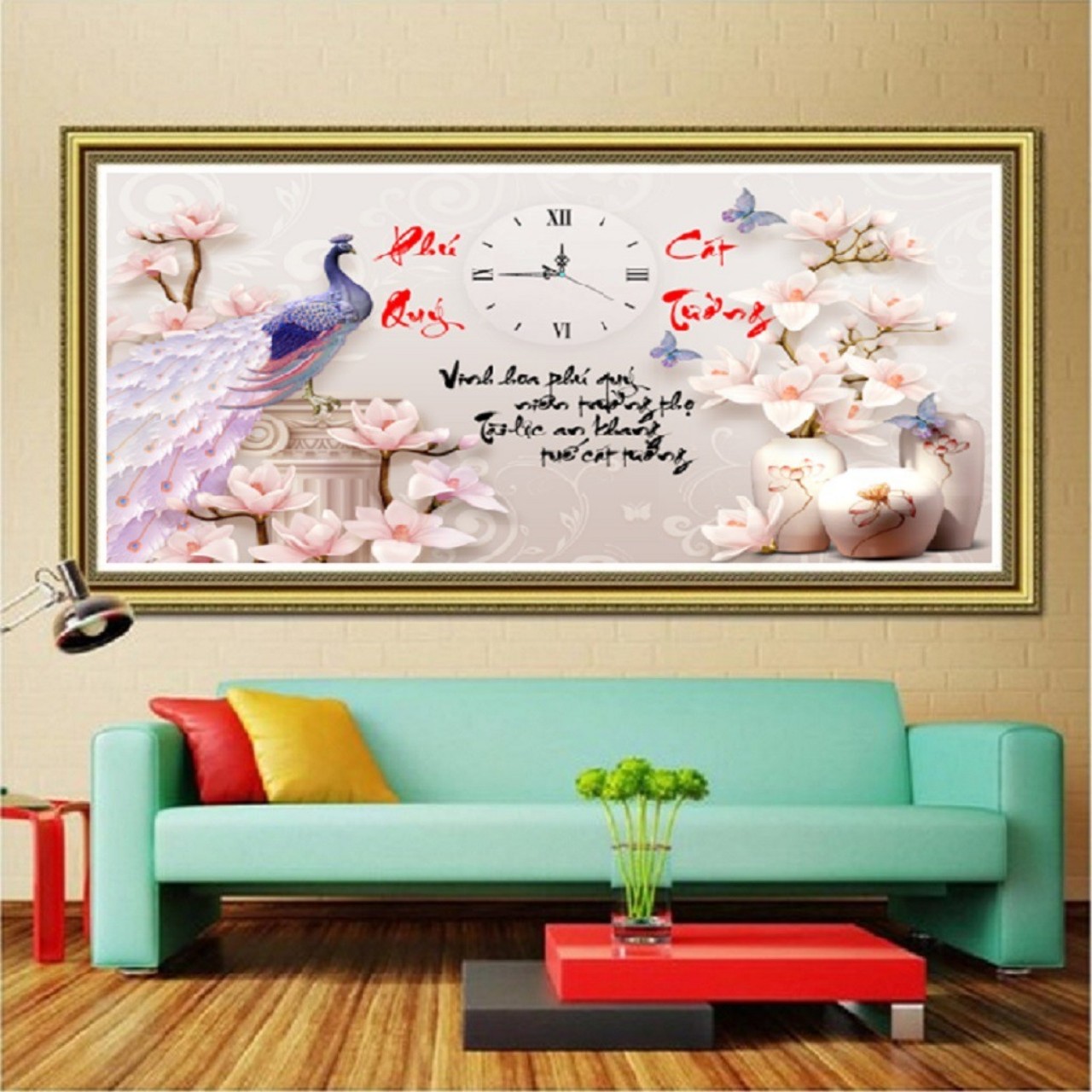 Tranh thêu Phú quý cát tường đồng hồ 76x49cm