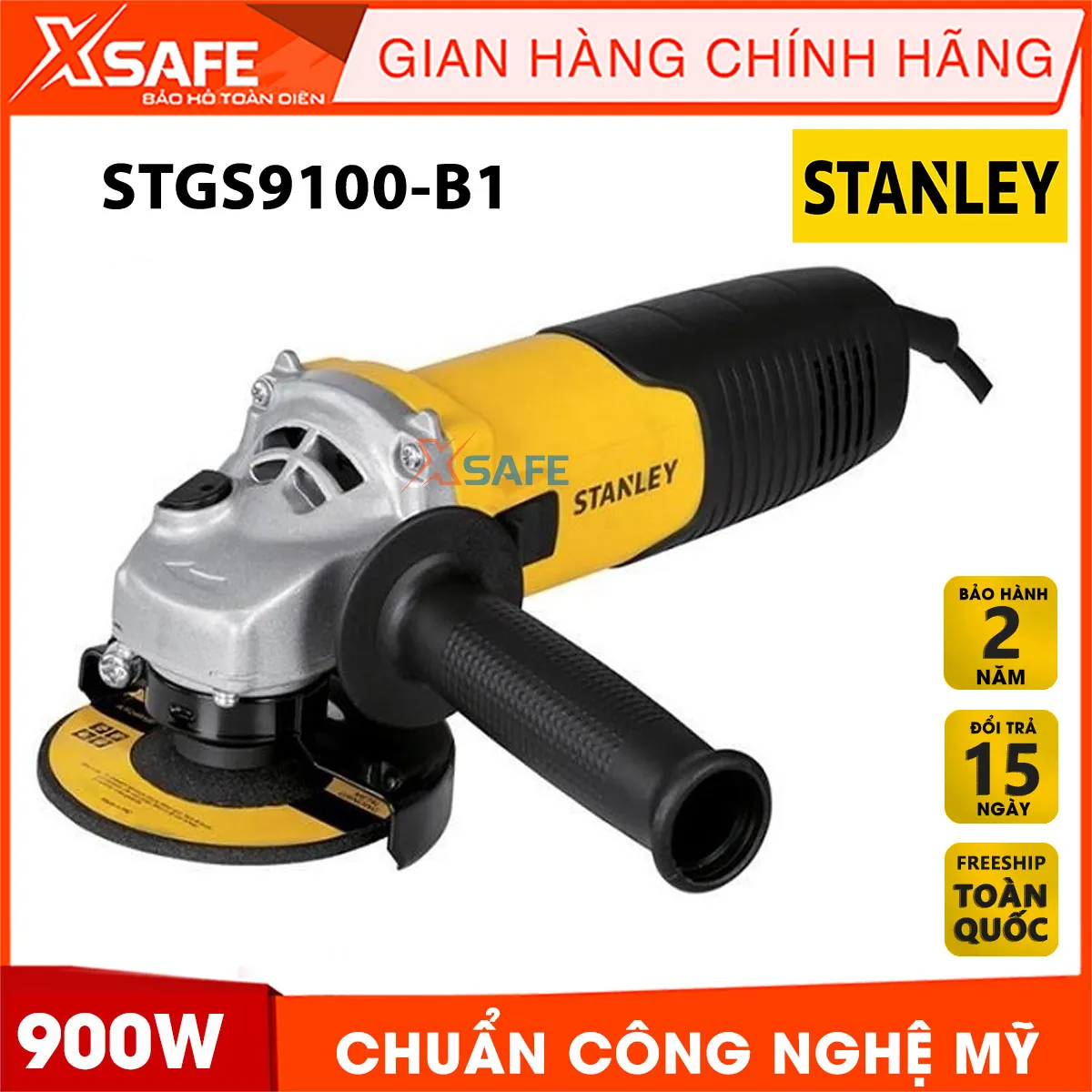 Máy mài cầm tay 900W STANLEY STGS9100-B1, Máy mài góc Stannley tốc độ không tải 11000 vòng/phút, chất liệu hợp kim cứng và thoáng khí tốt, tay cầm được bọc cao su cách định mà có độ ma sát cao