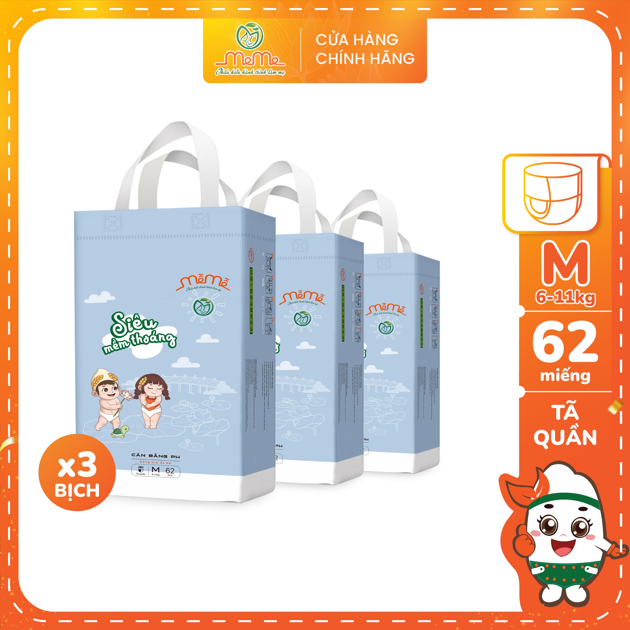 Combo 3 bịch tã bỉm quần mễ mễ size m 62 miếng mềm mỏng siêu thấm khô thoáng cho bé