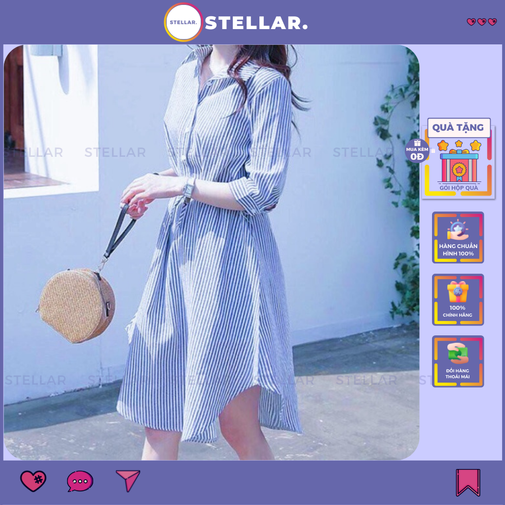 Đầm váy nữ sơ mi sọc tà tròn tay lửng nút trắng - dx649