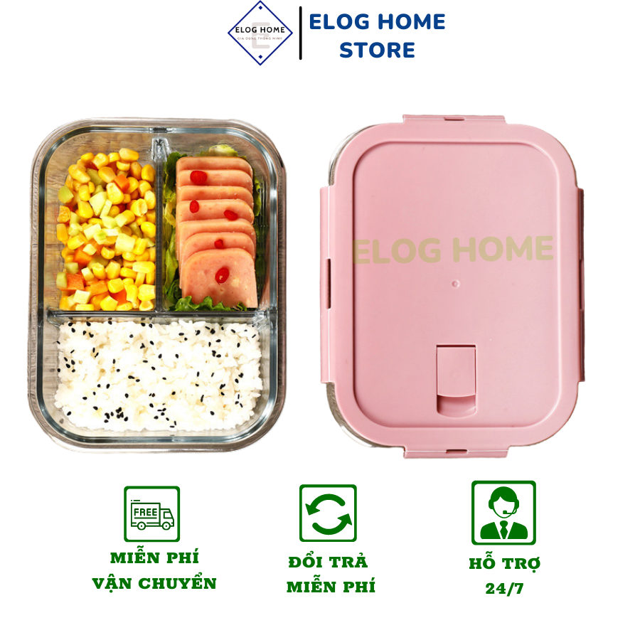 Hộp cơm thủy tinh văn phòng 3 ngăn, hộp đựng cơm, đựng thực phẩm chia ngăn tiện lợi
