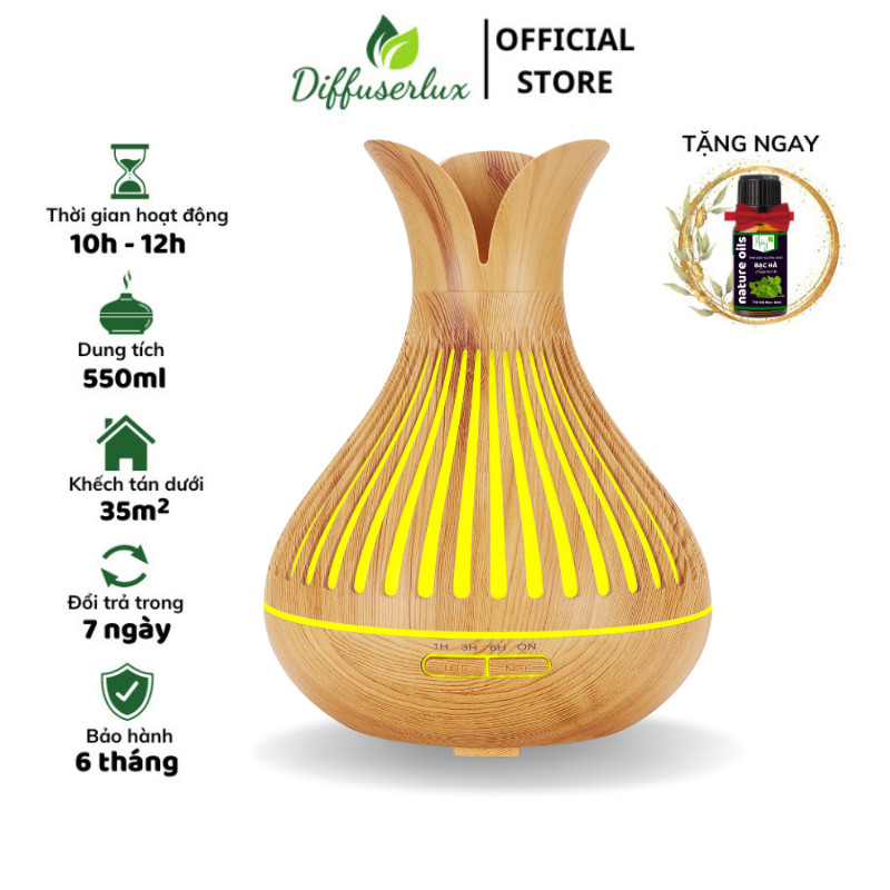 Máy xông tinh dầu tuylip dọc 550ml khuếch tán tinh dầu siêu âm kèm điều khiển - Diffuser Lux