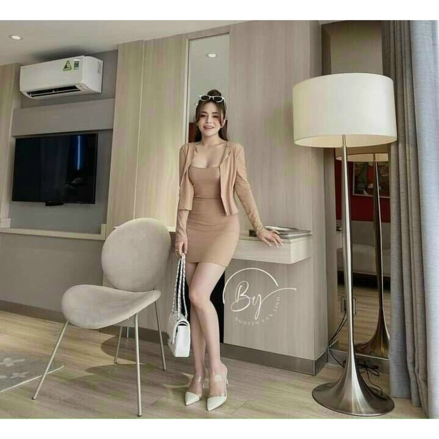 Đầm thun gan hai dây ôm body kèm áo khoác siêu xinh