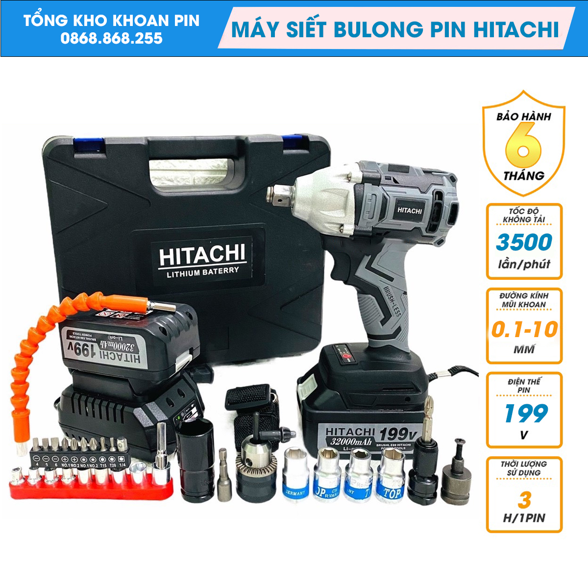 Máy Siết Bulong Hitachi 199V - không chổi than, pin khủng 10cell, lõi đồng 100% đầu 1/2 in