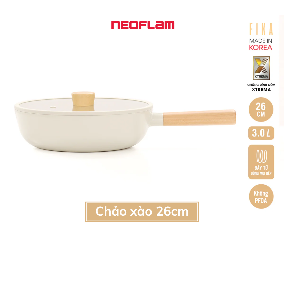 Chảo xào, sâu Neoflam Fika 26cm, sâu lòng 7,5cm, cán dài 17cm, trọng lượng 941g. Hàng có sẵn giao ngay