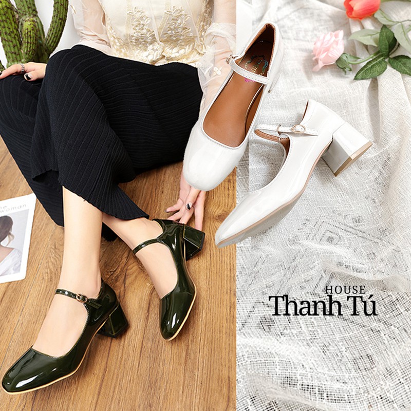 Giày cao gót nữ mũi tròn quai ngang da bóng mary jane phong cách vintage - gd003