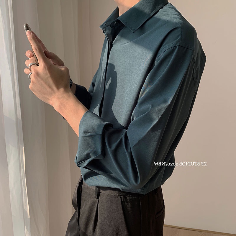 Áo sơ mi nam giấu cúc dài tay unisex, Áo sơ mi dáng suông basic trơn thời trang xuân hè 2022 dễ mặc -