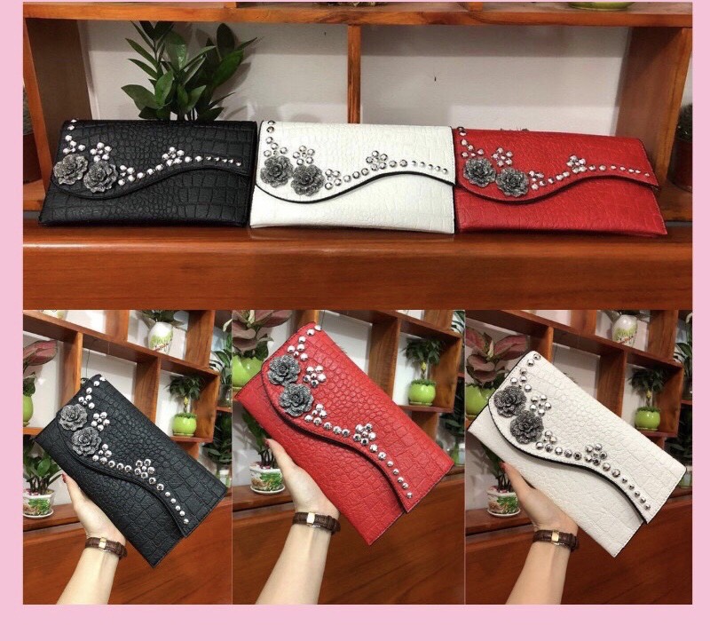 Túi xách nữ ❤️freeship❤️ví cluth cầm tay da mềm đính hoa đá lượn sóng spb 03