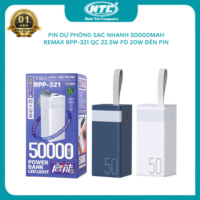 Pin dự phòng sạc nhanh Remax RPP-321 dung lượng 50000mAh đèn pin chiếu sáng - hỗ trợ QC 22.5 và PD 20W - Nhất Tín Computer