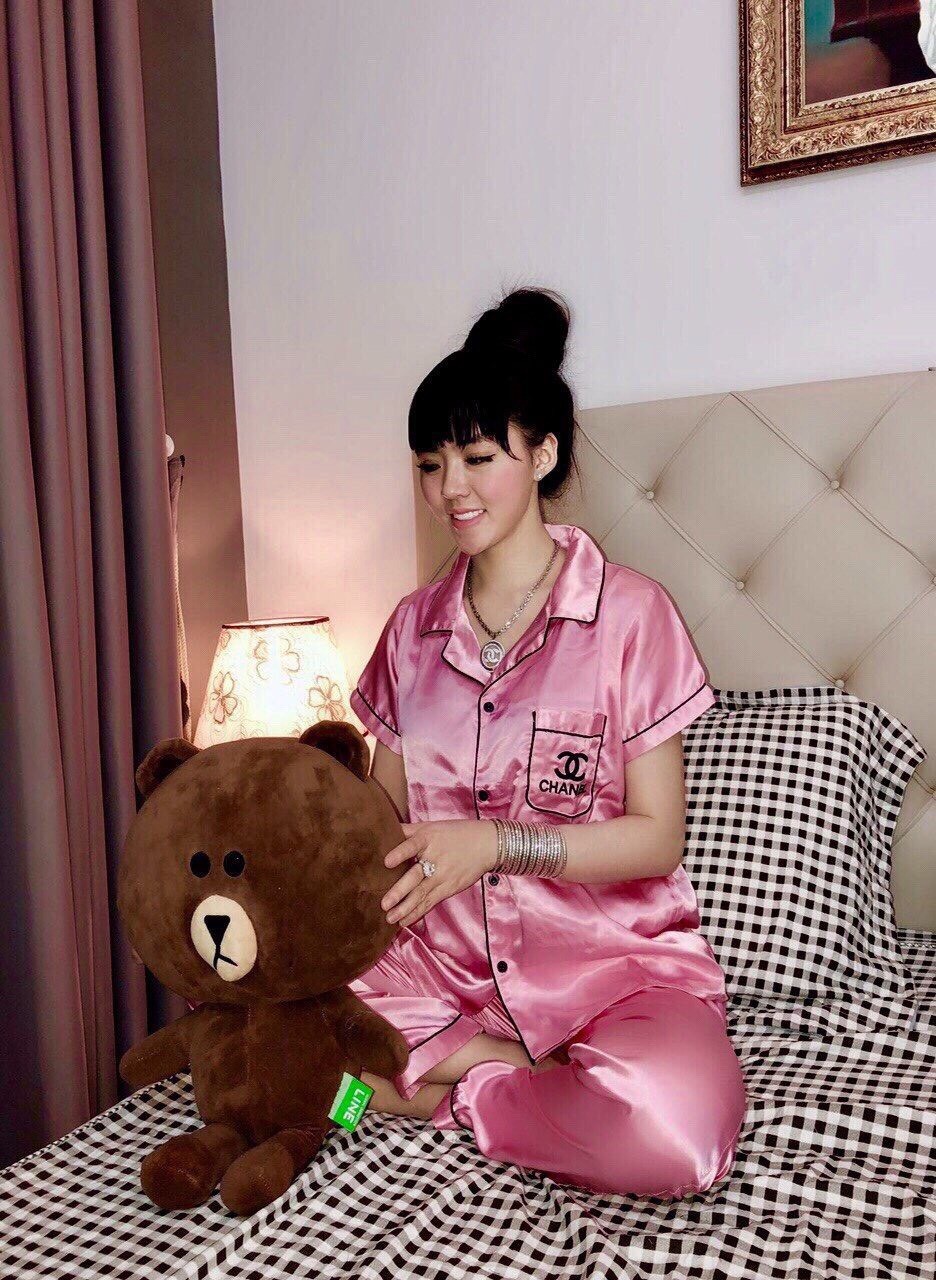 Set bộ pijama phi lụa bóng viền quần dài cộc tay sang chảnh-dx