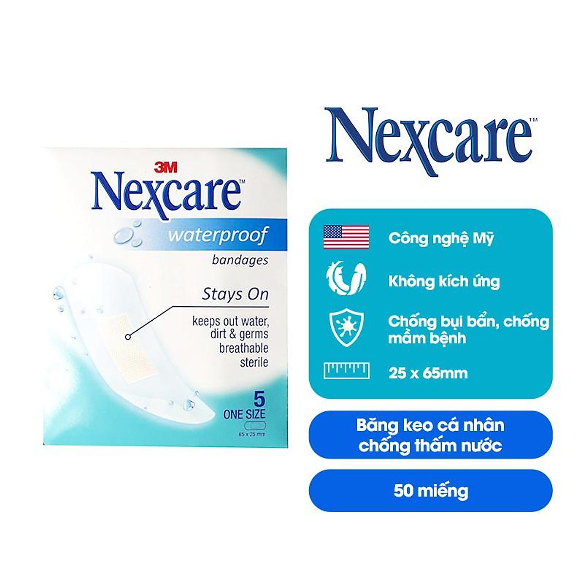 Băng keo cá nhân Nexcare 3M 25x65mm 50 miếng/ hộp - Chống thấm nước, co dãn tốt