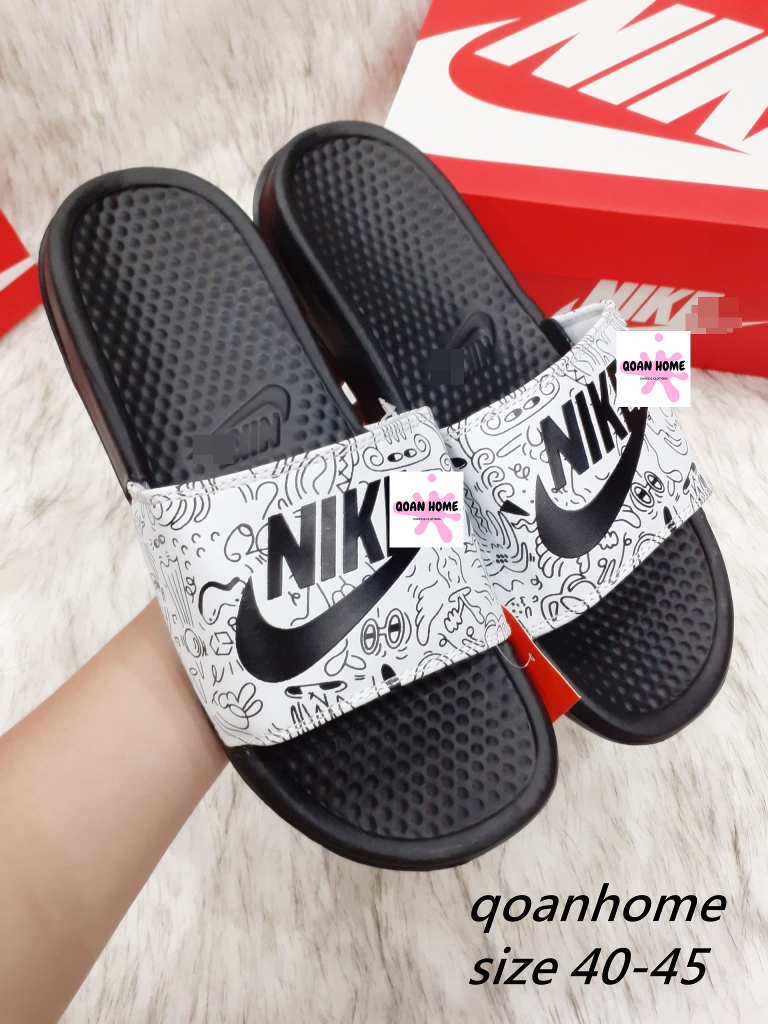 [TẶNG HỘP] Dép quai ngang nam nữ NK CATOON TRẮNG LOGO ĐEN- dép thời trang nam nữ - dép nam - dép nữ - dép cặp - dép đôi