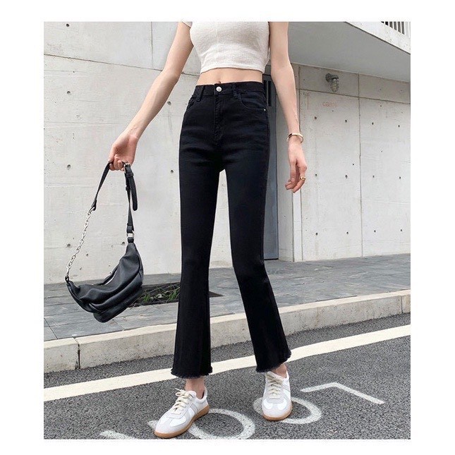 Freeship - quần bò giấy nữ ống loe M59 quần skinny nữ quần jean nữ lưng cao ống loe màu đen NHI FASHION 123