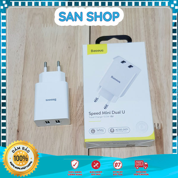 Củ sạc nhanh baseus chính hãng 2 cổng usb 10.5w
