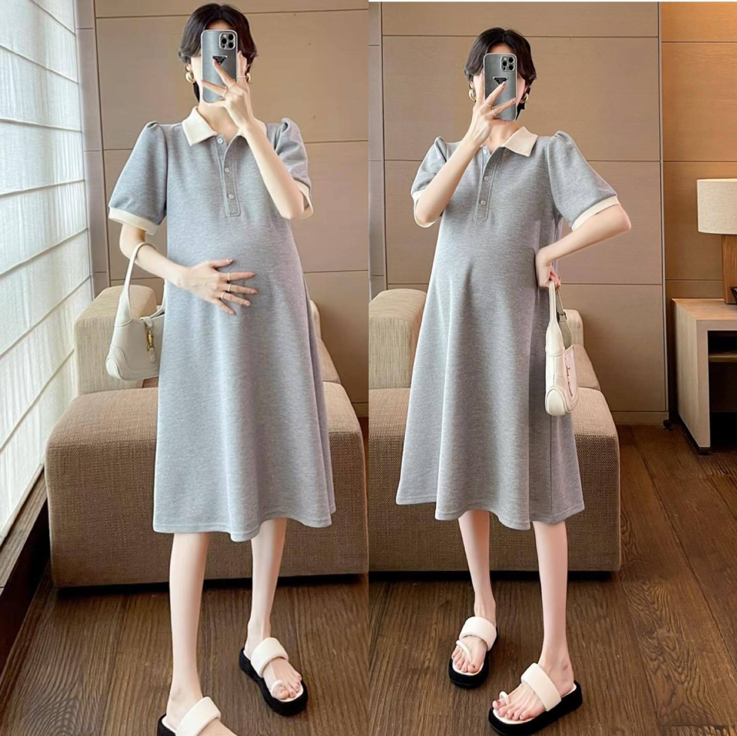 Váy bầu bigsize chất cotton phối cổ sơ mi cực sang