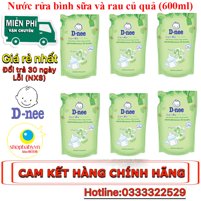 Bộ 6 túi dnee rửa bình sữa và rau củ quả túi 600ml date mới
