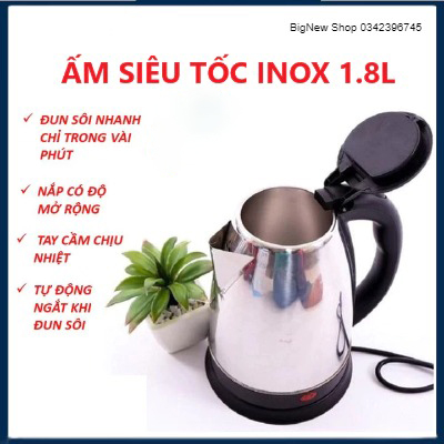 Bình đun nước siêu tốc inox, ấm đun nước, bình siêu tốc 1.8 lit