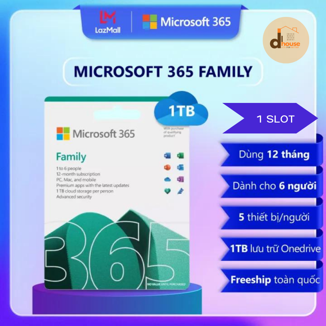 Phần mềm Microsoft Office 365 Family | 6 hoặc 12 tháng | Dành cho 1 người| 5 thiết bị/người | 1TB lưu trữ OneDrive